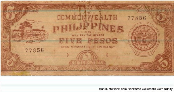 S-408 Commonwealth of the Philippines, Leyte 5 Pesos note on ruled ledger paper. Banknote