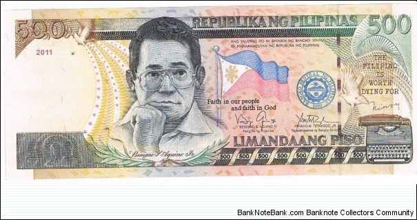 2011 Series.  Signed by BENIGNO AQUINO III and Governor Amando Tetangco Jr. 
Error Note - Missing Serial Number Banknote