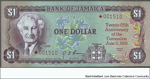 Jamaica 1978 1 Dollar.

25th. Anniversary of Queen Elizabeth II's Coronation. Banknote