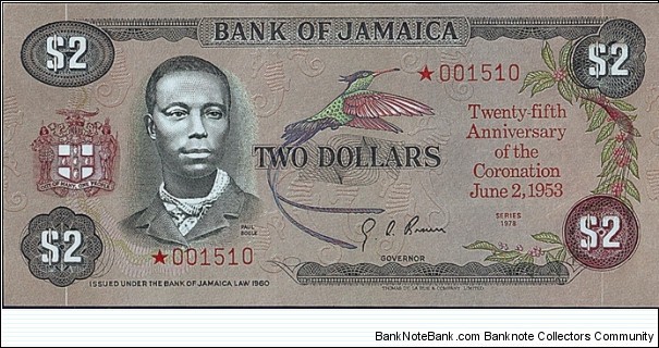 Jamaica 1978 2 Dollars.

25th. Anniversary of Queen Elizabeth II's Coronation.

Ink smudge at top. Banknote