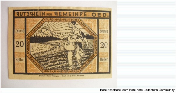 AUSTRIAN NOTGELD 20 HELLER Banknote