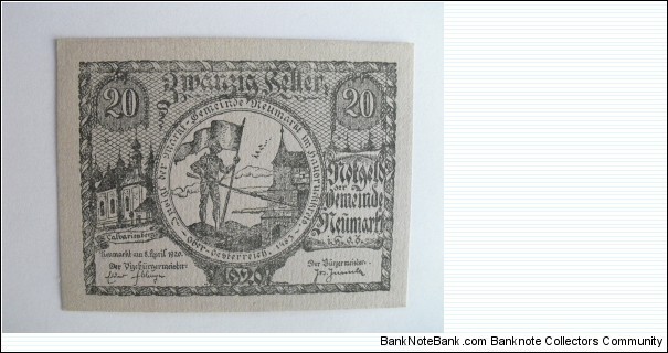 Austrian notgeld. Year: 1920. Value: 20 heller.  Banknote