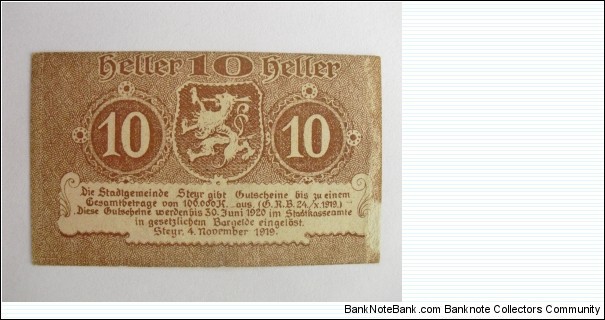 Austrian notgeld. Year: 1920. Value: 10 heller.  Banknote