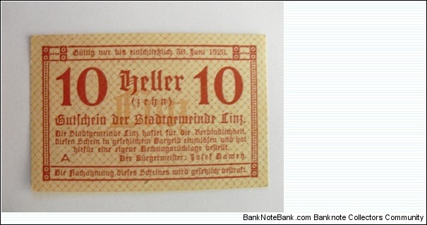 Austrian notgeld. Year: 1920. Value: 10 heller.  Banknote