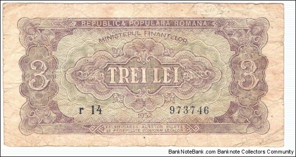 3 Lei(People's Republic of Romania) 	 Banknote