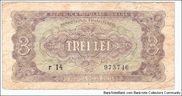 3 Lei(People's Republic of Romania) 	 Banknote
