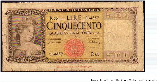 500 Lire__pk# 80 a__D.M 20.03.1947 & 15.03.1947__sign. Einaudi/Urbini Banknote