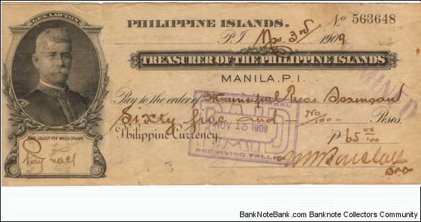 Treasurer of the Philippine Islands General Lawton Check Banknote