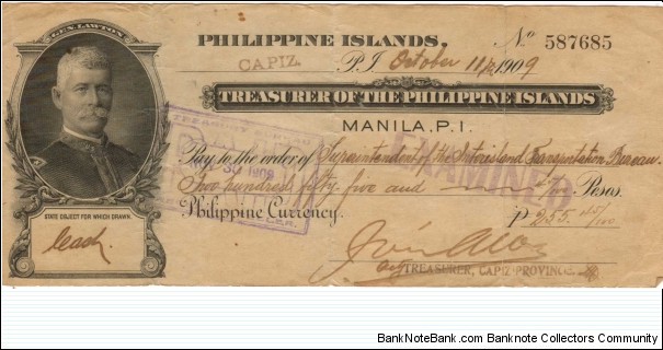 Treasurer of the Philippine Islands General Lawton Check. Banknote