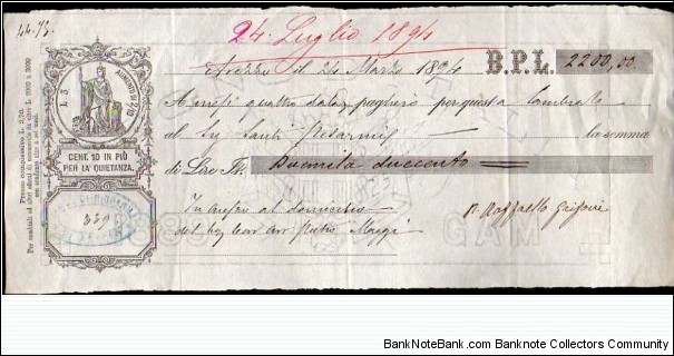 *Kingdom of Italy*__Lire 2200__pk# NL__Debt Securities (Promissory Note-B.P.L)__24.03.1894__Arezzo__stamp 