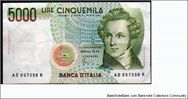 5.000 Lire__pk# 111 c__04.01.1985__sign. Fazio-Amici__serial AD 897398 R Banknote