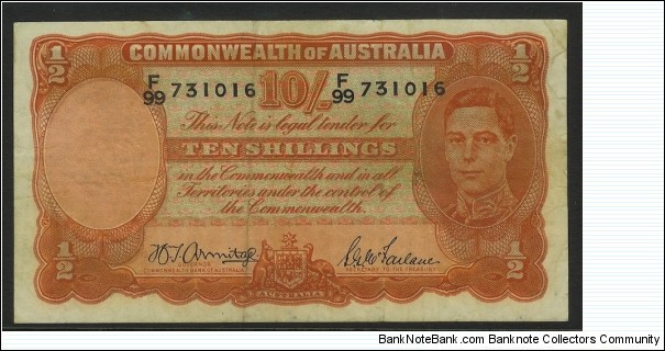1942 10 Shilling Note with Armitage & Mcfarlane signatures. Nice note in VF condition. Banknote