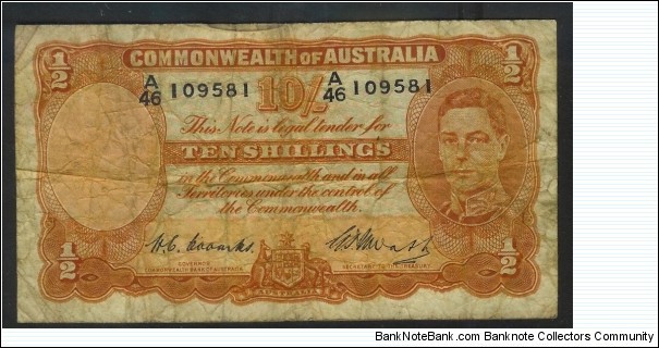 1949 10 Shilling Note. Has Coombs & Watt signatures. Banknote