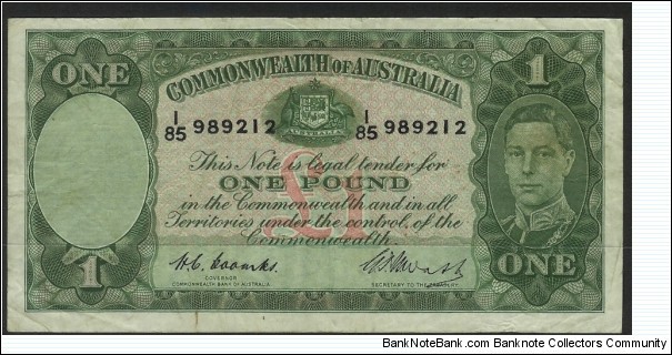 1949 One Pound Note with Coombs & Watt signatures.  Banknote