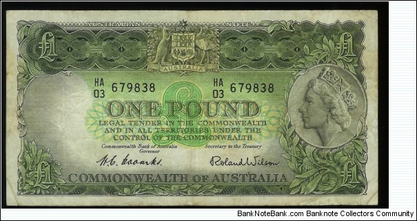 1953 One Pound Note. First year with Elizabeth II. Has Coombs & Wilson signatures. Banknote