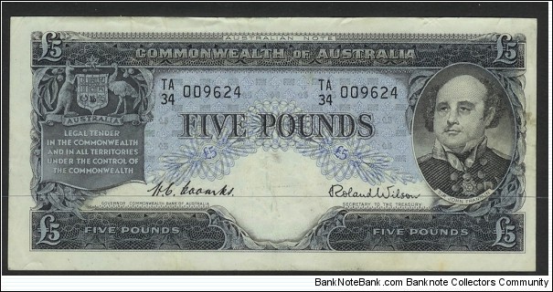 1954 Five Pound Note. New design with Sir John Franklin depicted. Has Coombs & Wilson signatures. Nice note in EF. Banknote