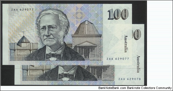 1984 One Hundred Dollar note ZAA First Prefix pair. Johnston & Stone signatures. Scarce pair in perfect UNC.  Banknote