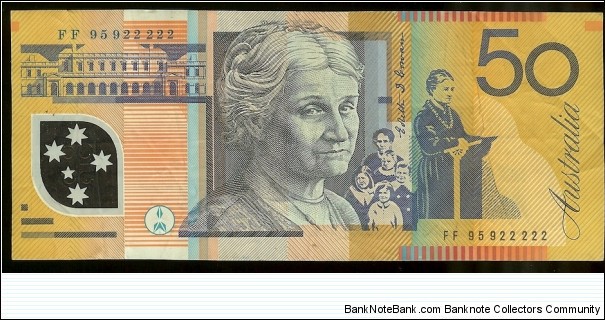1995 Fifty Dollar polymer note. Semi Solid serials 922222.  Banknote