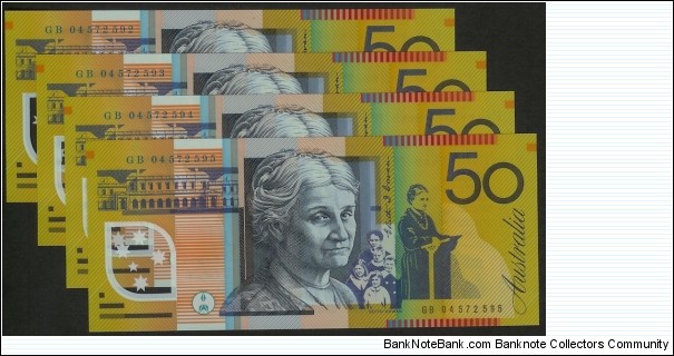 2004 Fifty Dollar polymer notes. Last Prefix GB04. Scarce run of four in perfect UNC. Banknote