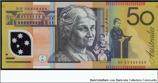 2009 $50 polymer note. Semi solid serials 888886.  Banknote