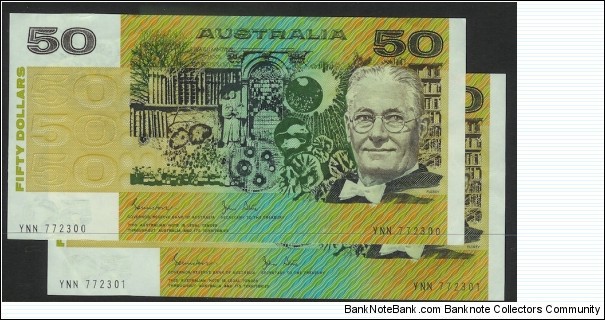 1983 $50 notes. Johnston & Stone signatures. Nice serials YNN 772300-01. Perfect UNC. Banknote