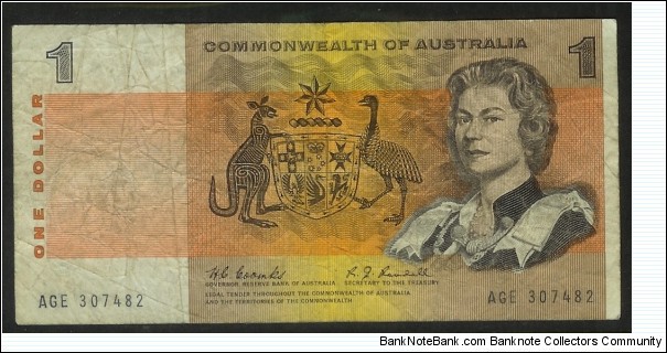 1967 One Dollar note. First prefix AGE with Coombs & Randall signatures. Note is well circulated but VERY SCARCE. Banknote