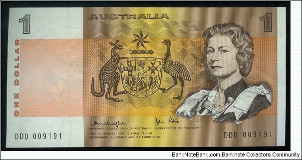 1979 $1 note. Solid prefix DDD 009191 serials. Great note in EF. Banknote