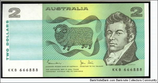 1983 $2 note. Semi Solid serials 666888 Banknote