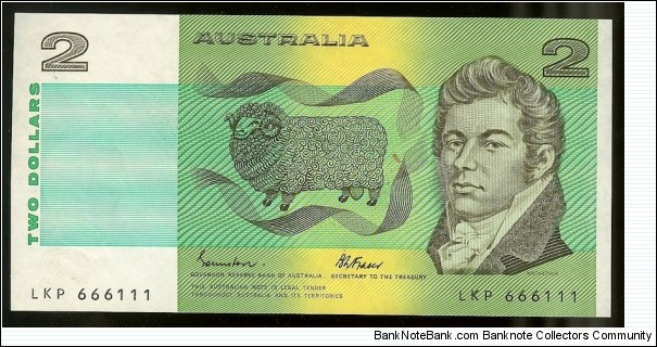 1985 $2 note. Semi Solid serials 666111 Banknote