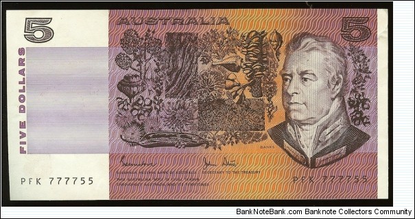 1985 $5 note. Semi Solid serials 777755 Banknote