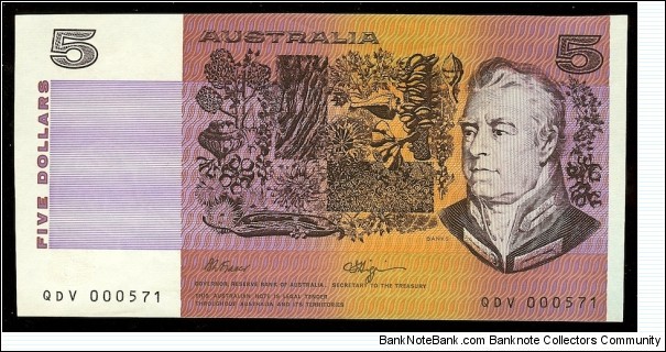 1990 $5 note. Low Number serials 000571 Banknote