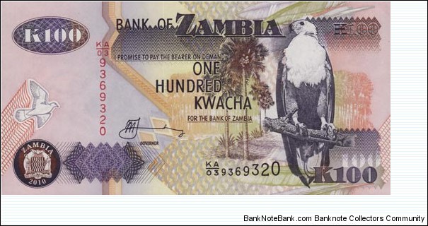 Zambia 100 kw dated 2010 Pick-38j. Prefix KA/03 a split Prefix with KA/03 dated 2009. Banknote