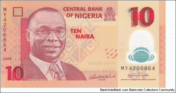 Central Bank of Nigeria | 10 Náírà/Naịra | Obverse: Dr. Alvan Ikoku (1900-1971) | Reverse: Fulani milk maids | Window: Central Bank of Nigeria logo Banknote