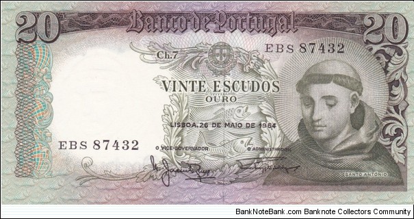 Portugal P167b (20 escudos 26/5-1964) Banknote
