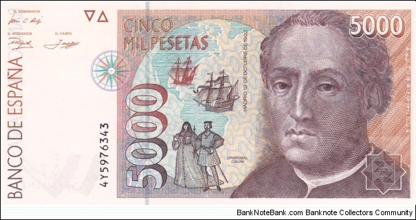 Spain P165 (5000 pesetas 12/10-1992) Banknote