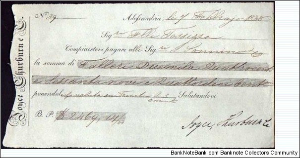 *Kingdom of Egypt*__Cheque__2469,14 Talleri__04.02.1838__Alexandria__Italian Text  Banknote