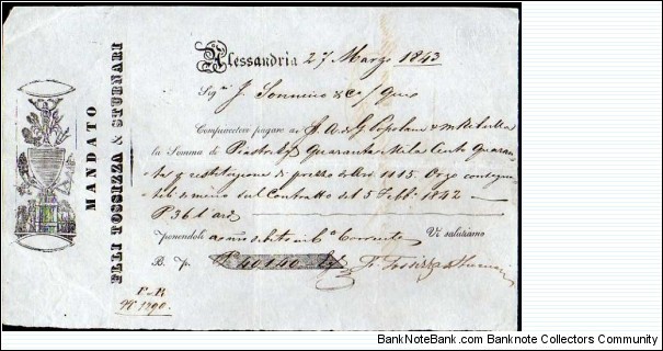 *Kingdom of Egypt*__Cheque__40.140 Egyptian Piastres__27.05.1843__Alexandria__Italian Text  Banknote