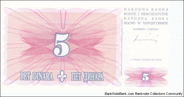 Bosnia-Herzegovina P40a (5 dinara 15/8-1994) Banknote