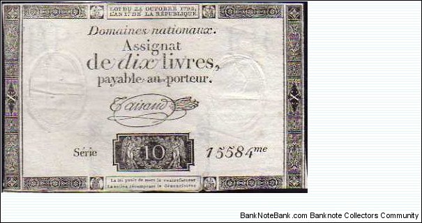 10 Livres__pk# 52__Assignat__24.10.1792 Banknote