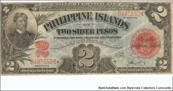 RARE 32b 1906 2 Peso note. Banknote