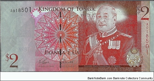 Tonga N.D. (2009) 2 Pa'anga.

Cut unevenly.

Only issue of the reign of King George Tupou V (2006-12). Banknote