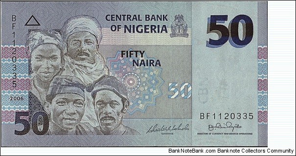 Nigeria 2006 50 Naira.

7 digit serial number. Banknote