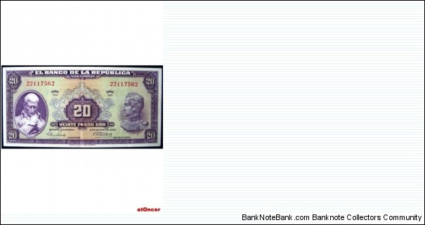 COLOMBIA BANKNOTE

YEAR: 1963

P392C

SERIE DD  22117562

VERY GOOD CONDITION

UNC-SCARCE-RARE

CAT 114 
OBERSE: GENERAL FRANCISCO JOSE DE CALDAS AT LEFT

REVERSE: LIBERTY HEAD AND BANCO DE LA REPUBLICA SEAL.
 Banknote