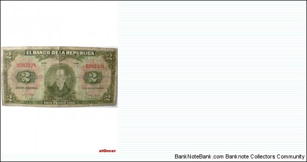 COLOMBIA BANKNOTE 

 2 PESOS ORO

YEAR: 1950

SERIE GG 0282328-SCARCE

PICK : P390C

CONDITION-CIR-

DATE: 195

    CAT 218 
 Banknote