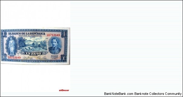COLOMBIA BANKNOTE  1 PESOS OR

YEAR: 1953

PICK : P 398

CONDITION-CIR-UNC

SERIE A 16753649

 CAT 208  
 Banknote