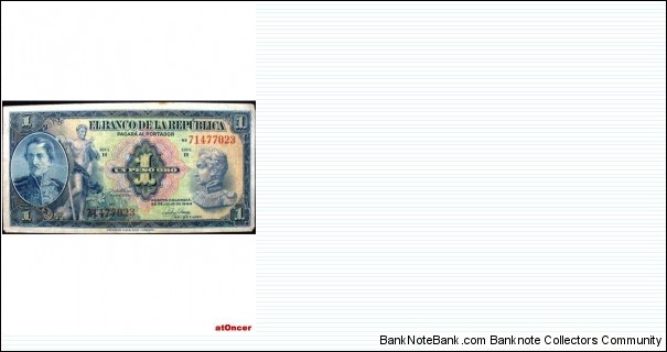 COLOMBIA BANKNOTE 

1 PESO ORO

BANCO DE LA REPUBLICA

YEAR: 1944

PICK-380d

CONDITION: CIRCULATED 

DATE: 20 DE JULIO DE 1944

SERIE R No. 71477023

CAT:201

SPECIAL SALE
 Banknote