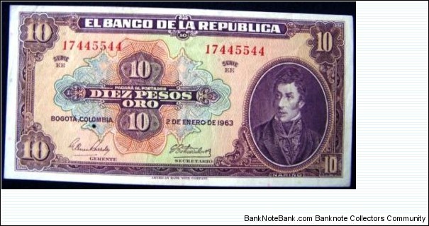 COLOMBIA BANKNOTE -PAPER MONEY

10 PESOS ORO

YEAR: 1963

PICK : P 389f

CONDITION-UNC

DATE: 2 DE ENERO DE 1963

  CAT 110 
SOLD Banknote
