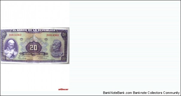COLOMBIA BANKNOTE

20 PESOS ORO

YEAR: 1963

SERIE DD 21014363

PICK :392e

CONDITION-cir

DATE: 2 DE ENE

CAT 220A  
 Banknote