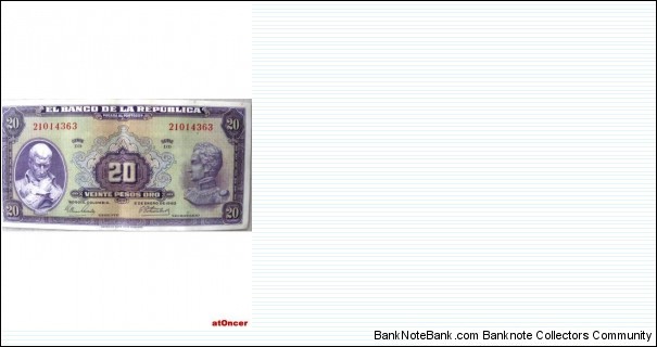 SOLD-COLOMBIA BANKNOTE

20 PESOS ORO

YEAR: 1963

SERIE DD 21014363

PICK :392e

CONDITION-cir

DATE: 2 DE ENE

CAT 220A  
 Banknote