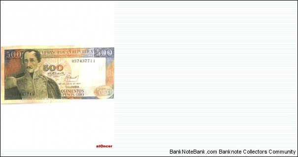 SOLD-COLOMBIA -EL BANCO DE LA REPUBLICA - 500 PESOS ORO- 20 DE JULIO---CAT 282 $ 25- VERY GOOD CONDITION- UNC-CIRCULATED  More offer and details about the items. - Scan please the picture. 
Value/Denomination   500 Pesos Oro    PICK   420a
 
Type   Regular Banknote   Year  1977  Condition   VF
 
Size 140 mm x 70 mm  Series   July 20th, 1977
 
Front:  Olive, grey, blue, light brown. Multicolored underprint. Francisco de Paula Santander portrait at left. Denomination at center, two signatures below, date below. Serial numbers in black.  Back:  Grey. Catedral de Sal at Zipaquirá at center. Banknote